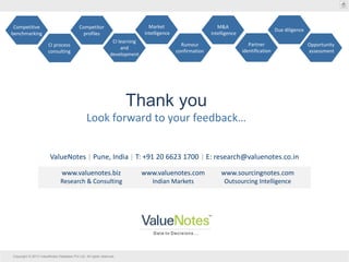 Copyright © 2013 ValueNotes Database Pvt Ltd. All rights reserved.
Competitor
profiles
Competitive
benchmarking
CI process
consulting
CI learning
and
development
Market
intelligence
Rumour
confirmation
M&A
intelligence
Partner
identification
Due diligence
Opportunity
assessment
Thank you
Look forward to your feedback…
www.valuenotes.com
Indian Markets
www.sourcingnotes.com
Outsourcing Intelligence
www.valuenotes.biz
Research & Consulting
ValueNotes | Pune, India | T: +91 20 6623 1700 | E: research@valuenotes.co.in
 