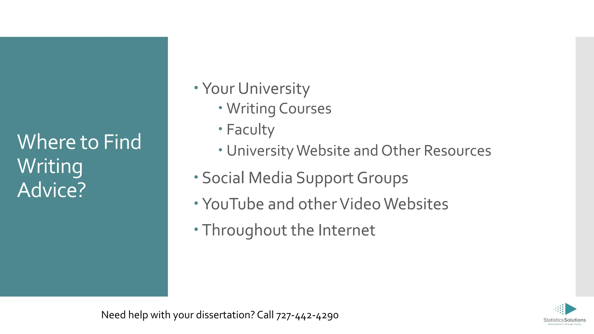 Where to Find
Writing
Advice?
 Your University
 Writing Courses
 Faculty
 UniversityWebsite and Other Resources
 Social Media Support Groups
 YouTube and otherVideoWebsites
 Throughout the Internet
Need help with your dissertation? Call 727-442-4290
 