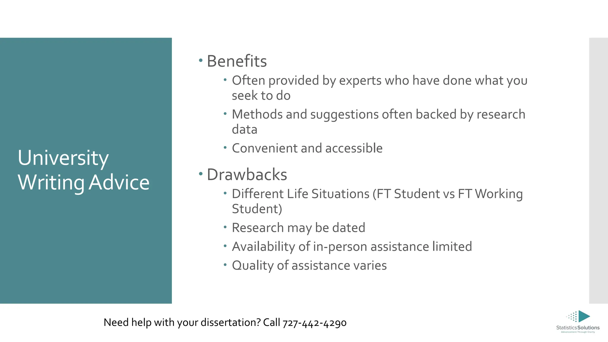 University
WritingAdvice
 Benefits
 Often provided by experts who have done what you
seek to do
 Methods and suggestions often backed by research
data
 Convenient and accessible
 Drawbacks
 Different Life Situations (FT Student vs FT Working
Student)
 Research may be dated
 Availability of in-person assistance limited
 Quality of assistance varies
Need help with your dissertation? Call 727-442-4290
 