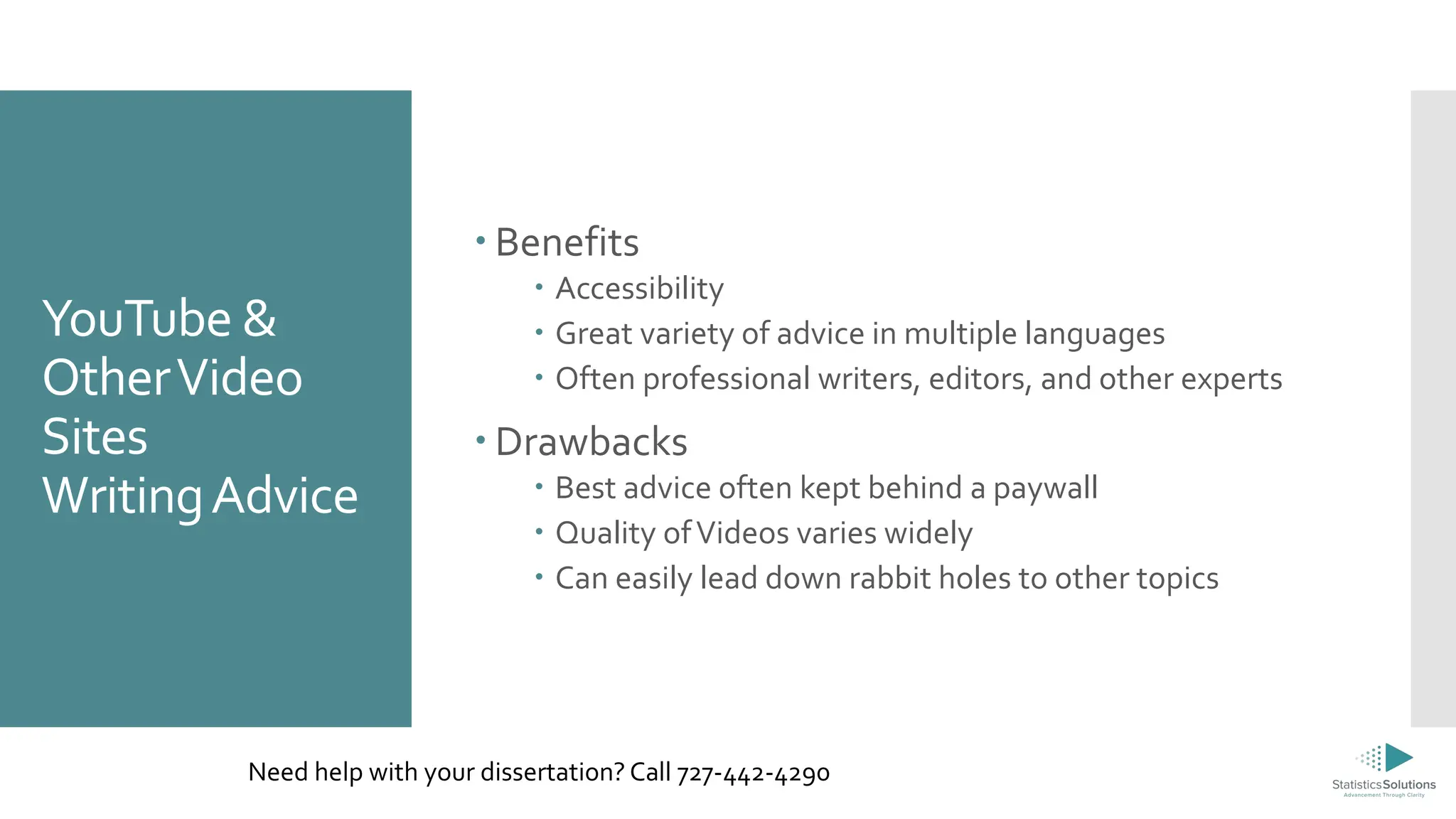 YouTube &
OtherVideo
Sites
WritingAdvice
 Benefits
 Accessibility
 Great variety of advice in multiple languages
 Often professional writers, editors, and other experts
 Drawbacks
 Best advice often kept behind a paywall
 Quality ofVideos varies widely
 Can easily lead down rabbit holes to other topics
Need help with your dissertation? Call 727-442-4290
 