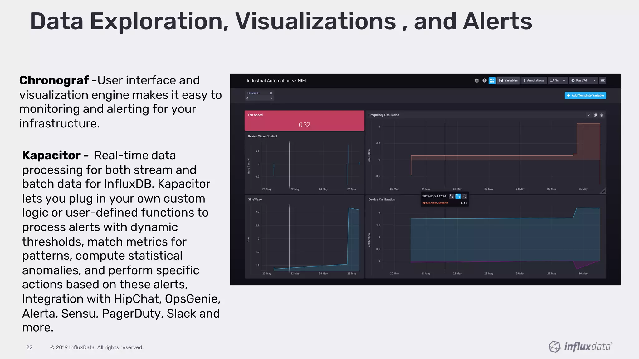 © 2019 InfluxData. All rights reserved.22
Data Exploration, Visualizations , and Alerts
Chronograf -User interface and
visualization engine makes it easy to
monitoring and alerting for your
infrastructure.
Kapacitor - Real-time data
processing for both stream and
batch data for InfluxDB. Kapacitor
lets you plug in your own custom
logic or user-defined functions to
process alerts with dynamic
thresholds, match metrics for
patterns, compute statistical
anomalies, and perform specific
actions based on these alerts,
Integration with HipChat, OpsGenie,
Alerta, Sensu, PagerDuty, Slack and
more.
 