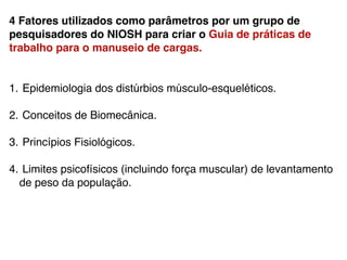 4 Fatores utilizados como parâmetros por um grupo de
pesquisadores do NIOSH para criar o Guia de práticas de
trabalho para o manuseio de cargas.!
!
!
1. Epidemiologia dos distúrbios músculo-esqueléticos.!
!
2. Conceitos de Biomecânica. !
!
3. Princípios Fisiológicos.!
!
4. Limites psicofísicos (incluindo força muscular) de levantamento
de peso da população.
 