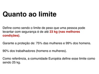 Quanto ao limite!
!
!
Deﬁne como sendo o limite de peso que uma pessoa pode
levantar com segurança é de até 23 kg (nas melhores
condições). !
!
Garante a proteção de: 75% das mulheres e 99% dos homens.!
!
90% dos trabalhadores (homens e mulheres).!
!
Como referência, a comunidade Européia deﬁne esse limite como
sendo 25 kg.
 