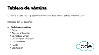 Tablero de nómina
Mediante indicadores se presentará información de la nómina actual, de forma gráfica.
Integrado con las opciones:
a. Trabajadores activos
Estatus
Años de antigüedad
Contratos a vencer
Que cumplen aniversario
Departamento
Puesto
Clasificación
 