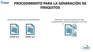 Generar dos recibos de nomina diferentes Generar un recibo de nomina con dos
complementos, Uno por separación y otro por
sueldos y salarios
PROCEDIMIENTO PARA LA GENERACIÓN DE
FINIQUITOS
 