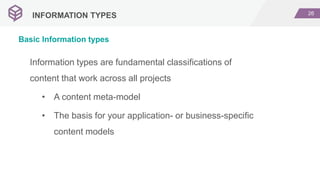 26
Information types are fundamental classifications of
content that work across all projects
• A content meta-model
• The basis for your application- or business-specific
content models
INFORMATION TYPES
Basic Information types
 