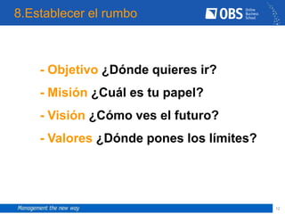 8.Establecer el rumbo



    - Objetivo ¿Dónde quieres ir?
    - Misión ¿Cuál es tu papel?
    - Visión ¿Cómo ves el futuro?
    - Valores ¿Dónde pones los límites?
    ?


                                          12
 