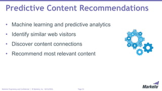 Page 23Marketo Proprietary and Confidential | © Marketo, Inc. 10/15/2015
Predictive Content Recommendations
• Machine learning and predictive analytics
• Identify similar web visitors
• Discover content connections
• Recommend most relevant content
 