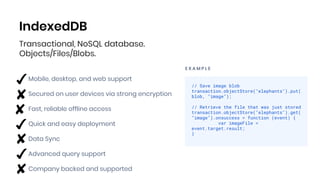 IndexedDB
Mobile, desktop, and web support
Secured on user devices via strong encryption
Fast, reliable offline access
Quick and easy deployment
Data Sync
Advanced query support
Company backed and supported
Transactional, NoSQL database.
Objects/Files/Blobs.
E X A M P L E
// Save image blob
transaction.objectStore("elephants").put(
blob, "image");
// Retrieve the file that was just stored
transaction.objectStore("elephants").get(
"image").onsuccess = function (event) {
var imageFile =
event.target.result;
}
 