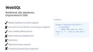 WebSQL
Mobile, desktop, and web support
Secured on user devices via strong encryption
Fast, reliable offline access
Quick and easy deployment
Data Sync
Advanced query support
Company backed and supported
database.transaction(function(tx) {
tx.executeSql(
'INSERT INTO tasks (id, text)
values (?, ?)', [task.id, task.text]);
});
Relational, SQL database.
Deprecated in 2010.
E X A M P L E
 