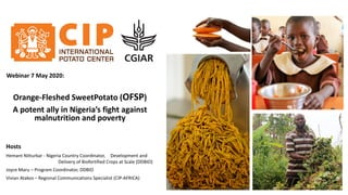Orange-Fleshed SweetPotato (OFSP)
A potent ally in Nigeria’s fight against
malnutrition and poverty
Hosts
Hemant Nitturkar - Nigeria Country Coordinator, Development and
Delivery of Biofortified Crops at Scale (DDBIO)
Joyce Maru – Program Coordinator, DDBIO
Vivian Atakos – Regional Communications Specialist (CIP-AFRICA)
Webinar 7 May 2020:
 