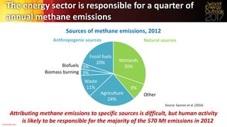 ©	OECD/IEA	2017	
The	energy	sector	is	responsible	for	a	quarter	of	
annual	methane	emissions
Sources	of	methane	emissions,	2012
Attributing	methane	emissions	to	specific	sources	is	difficult,	but	human	activity	
is	likely	to	be	responsible	for	the	majority	of	the	570	Mt	emissions	in	2012
3%
Wetlands
30%
9%	
Agriculture
24%
Waste
11%
Biomass	burning
Biofuels
Fossil	fuels
20%
Anthropogenic	sources Natural	sources
Source:	Saunois et	al.	(2016)	
3%
3%
Other
 