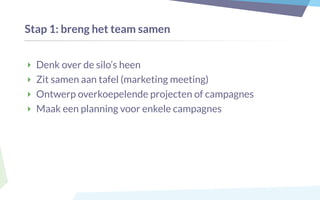 Stap 1: breng het team samen
‣ Denk over de silo’s heen
‣ Zit samen aan tafel (marketing meeting)
‣ Ontwerp overkoepelende projecten of campagnes
‣ Maak een planning voor enkele campagnes
 