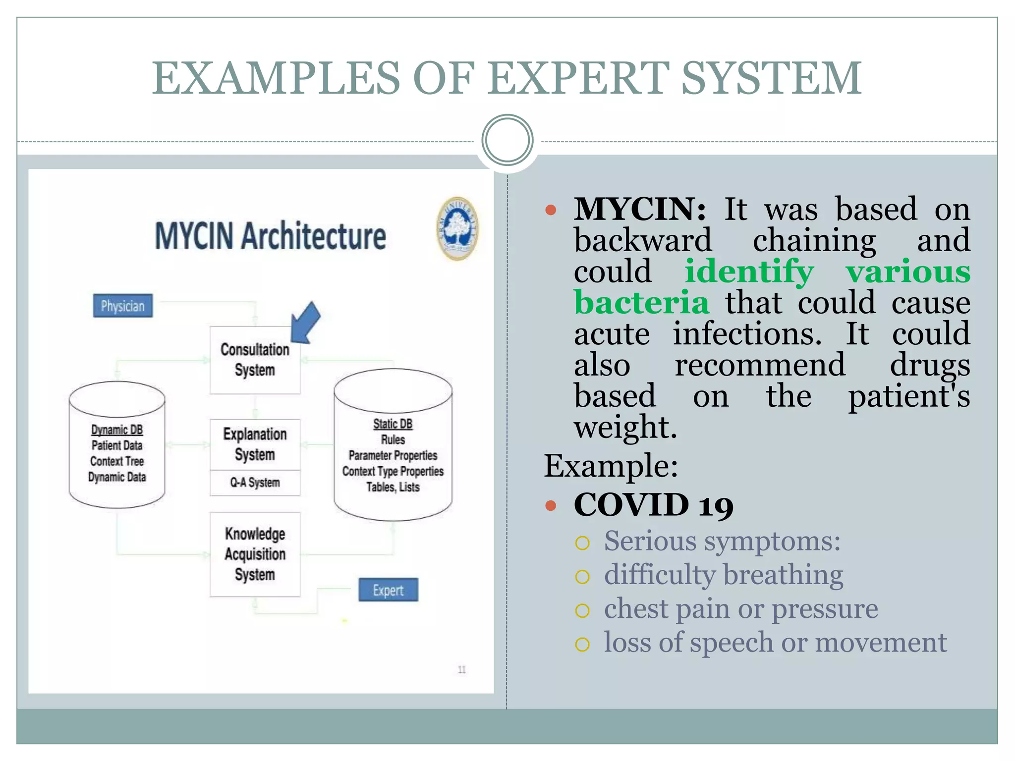 EXAMPLES OF EXPERT SYSTEM
 MYCIN: It was based on
backward chaining and
could identify various
bacteria that could cause
acute infections. It could
also recommend drugs
based on the patient's
weight.
Example:
 COVID 19
 Serious symptoms:
 difficulty breathing
 chest pain or pressure
 loss of speech or movement
 