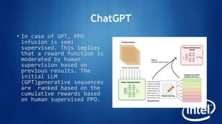 ChatGPT
• In case of GPT, PPO
infusion is semi
supervised. This implies
that a reward function is
moderated by human
supervision based on
previous results. The
initial LLM
(GPT)generative sequences
are ranked based on the
cumulative rewards based
on human supervised PPO.
 