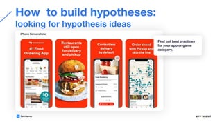 How to build hypotheses:
looking for hypothesis ideas
Find out best practices
for your app or game
category.
 