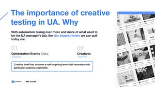 The importance of creative
testing in UA. Why
Optimization Events (Data)
With automation taking over more and more of what used to
be the UA manager's job, the two biggest levers we can pull
today are:
Creatives
01 02
Creative itself has become a real targeting lever that resonates with
particular audience segments.
 