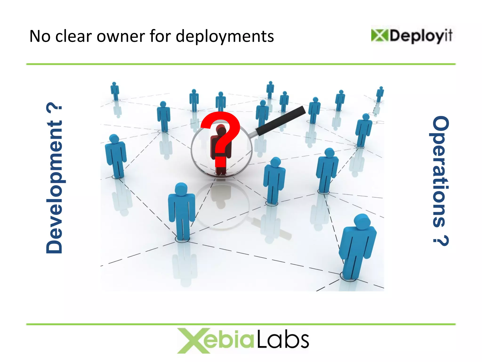 No clear owner for deployments
  Development ?



                    ?


                                 Operations ?
 