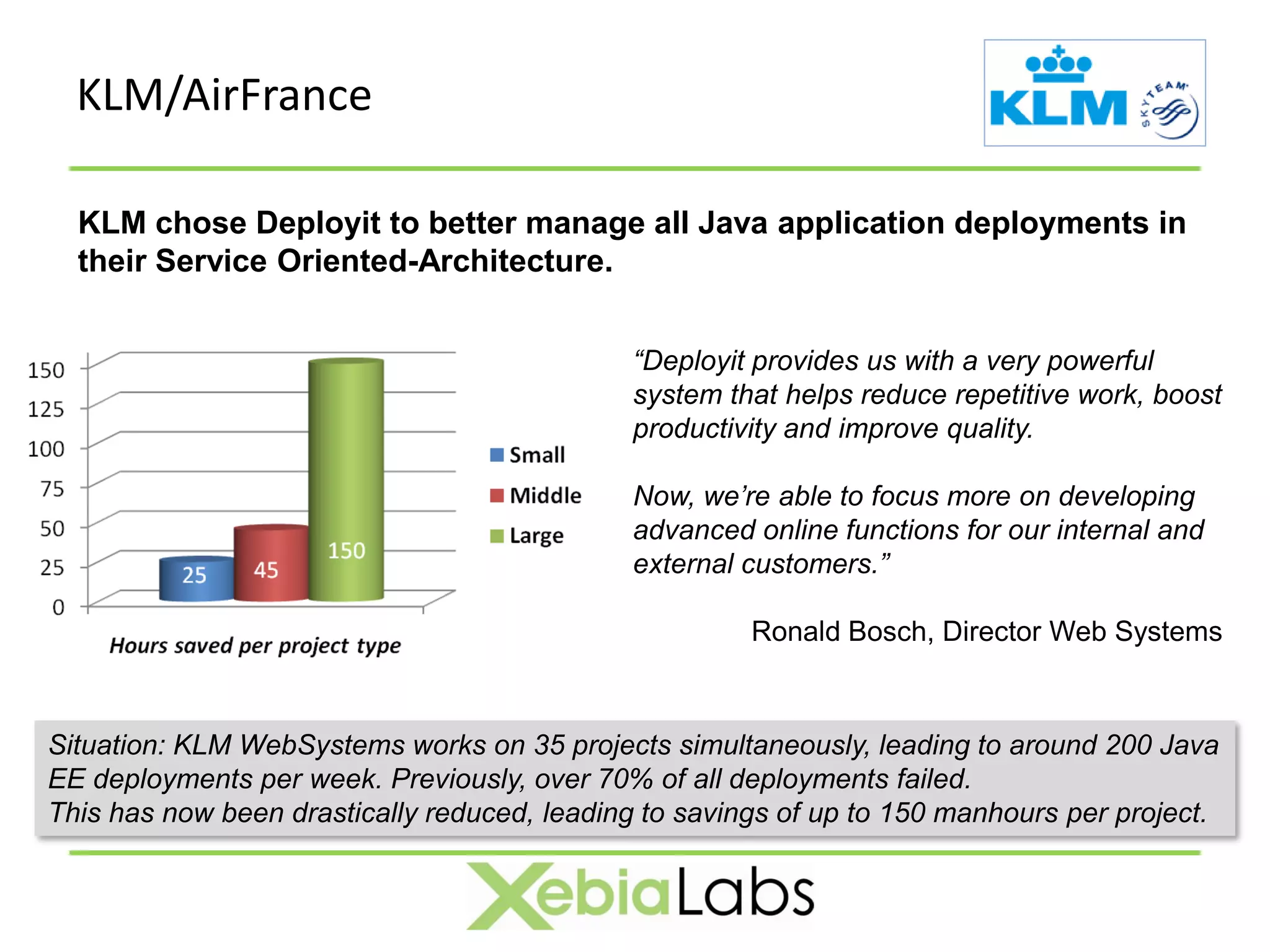 KLM/AirFrance

  KLM chose Deployit to better manage all Java application deployments in
  their Service Oriented-Architecture.


                                             “Deployit provides us with a very powerful
                                             system that helps reduce repetitive work, boost
                                             productivity and improve quality.

                                             Now, we’re able to focus more on developing
                                             advanced online functions for our internal and
                                             external customers.”

                                                       Ronald Bosch, Director Web Systems



Situation: KLM WebSystems works on 35 projects simultaneously, leading to around 200 Java
EE deployments per week. Previously, over 70% of all deployments failed.
This has now been drastically reduced, leading to savings of up to 150 manhours per project.
 