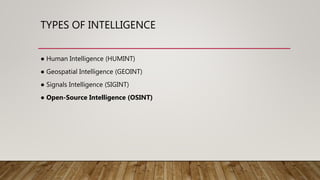 TYPES OF INTELLIGENCE
● Human Intelligence (HUMINT)
● Geospatial Intelligence (GEOINT)
● Signals Intelligence (SIGINT)
● Open-Source Intelligence (OSINT)
 