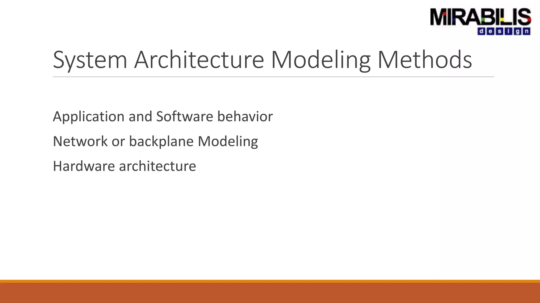 System Architecture Modeling Methods
Application and Software behavior
Network or backplane Modeling
Hardware architecture
 