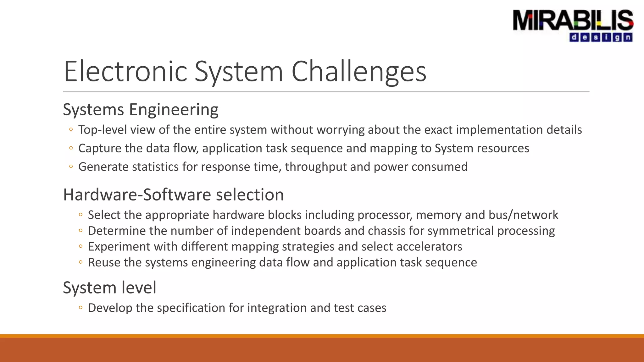 Electronic System Challenges
Systems Engineering
◦ Top-level view of the entire system without worrying about the exact implementation details
◦ Capture the data flow, application task sequence and mapping to System resources
◦ Generate statistics for response time, throughput and power consumed
Hardware-Software selection
◦ Select the appropriate hardware blocks including processor, memory and bus/network
◦ Determine the number of independent boards and chassis for symmetrical processing
◦ Experiment with different mapping strategies and select accelerators
◦ Reuse the systems engineering data flow and application task sequence
System level
◦ Develop the specification for integration and test cases
 