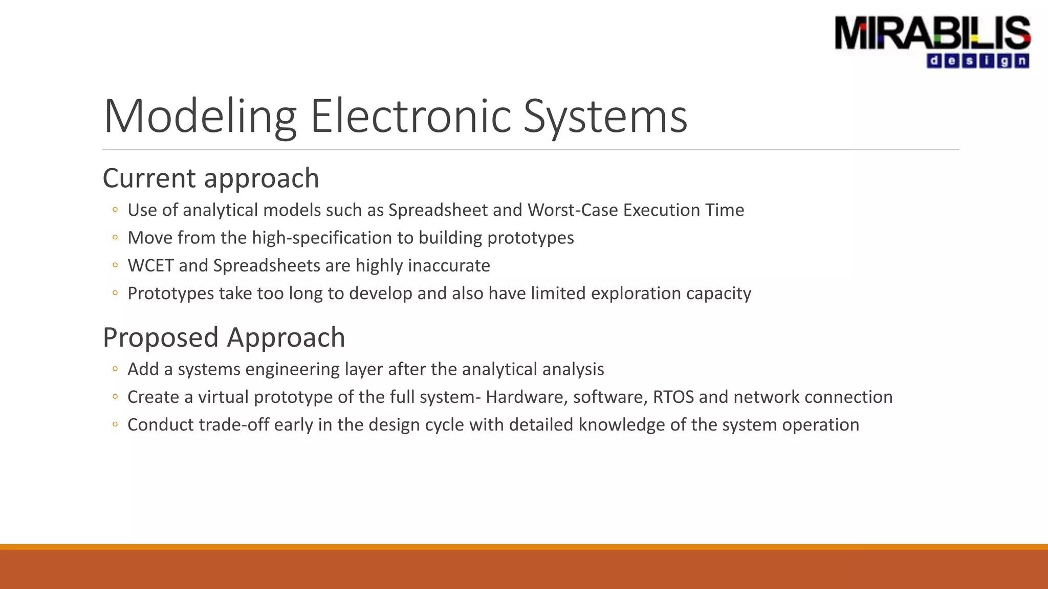 Modeling Electronic Systems
Current approach
◦ Use of analytical models such as Spreadsheet and Worst-Case Execution Time
◦ Move from the high-specification to building prototypes
◦ WCET and Spreadsheets are highly inaccurate
◦ Prototypes take too long to develop and also have limited exploration capacity
Proposed Approach
◦ Add a systems engineering layer after the analytical analysis
◦ Create a virtual prototype of the full system- Hardware, software, RTOS and network connection
◦ Conduct trade-off early in the design cycle with detailed knowledge of the system operation
 