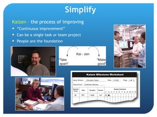 Simplify Kaizen  – the process of improving “ Continuous improvement” Can be a single task or team project People are the foundation 