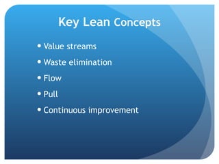 Key Lean  Concepts Value streams Waste elimination Flow Pull Continuous improvement 