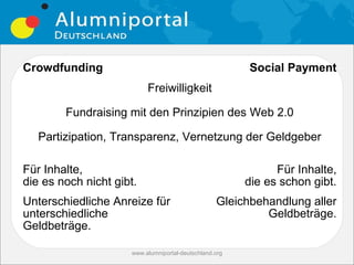 Crowdfunding                                            Social Payment
                          Freiwilligkeit

        Fundraising mit den Prinzipien des Web 2.0

   Partizipation, Transparenz, Vernetzung der Geldgeber

Für Inhalte,                                                  Für Inhalte,
die es noch nicht gibt.                                 die es schon gibt.
Unterschiedliche Anreize für                      Gleichbehandlung aller
unterschiedliche                                           Geldbeträge.
Geldbeträge.

                     www.alumniportal-deutschland.org
 