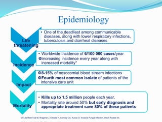 Epidemiology
Life
threatening
• One of the deadliest among communicable
diseases, along with lower respiratory infections,
tuberculosis and diarrheal diseases
Incidence
• Worldwide Incidence of 6/100 000 cases/year
increasing incidence every year along with
increased mortality*
Impact
8-15% of nosocomial blood stream infections
Fourth most common isolate of patients of the
intensive care unit
Mortality
• Kills up to 1.5 million people each year,
• Mortality rate around 50% but early diagnosis and
appropriate treatment save 80% of these patients
on Lilienfeld-Toal M, Wagener J, Einsele H, Cornely OA, Kurzai O. Invasive Fungal Infection. Dtsch Arztebl Int.
 