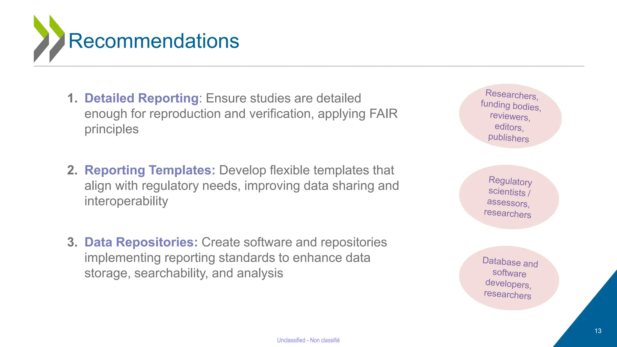 1. Detailed Reporting: Ensure studies are detailed
enough for reproduction and verification, applying FAIR
principles
2. Reporting Templates: Develop flexible templates that
align with regulatory needs, improving data sharing and
interoperability
3. Data Repositories: Create software and repositories
implementing reporting standards to enhance data
storage, searchability, and analysis
Recommendations
13
 