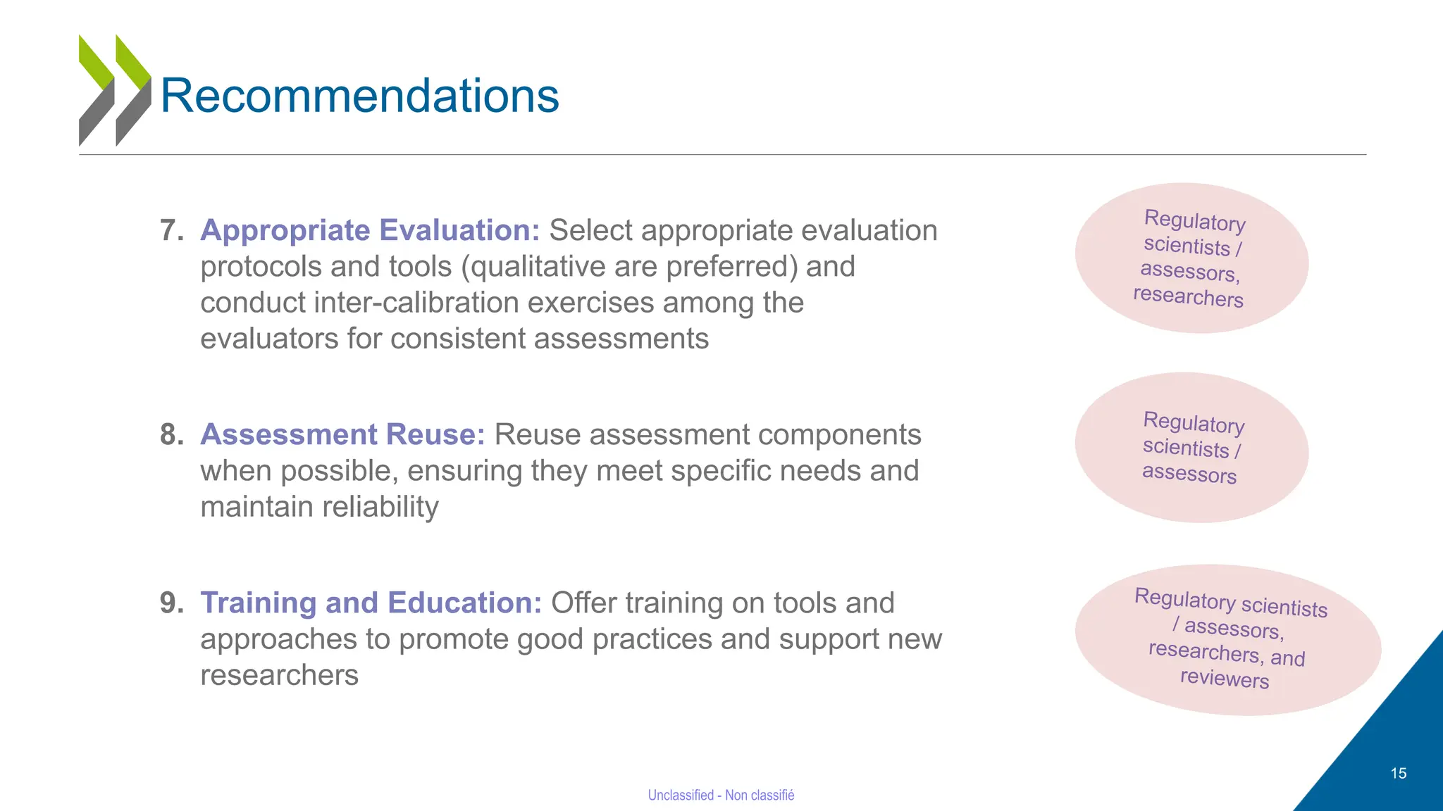 7. Appropriate Evaluation: Select appropriate evaluation
protocols and tools (qualitative are preferred) and
conduct inter-calibration exercises among the
evaluators for consistent assessments
8. Assessment Reuse: Reuse assessment components
when possible, ensuring they meet specific needs and
maintain reliability
9. Training and Education: Offer training on tools and
approaches to promote good practices and support new
researchers
Recommendations
15
 