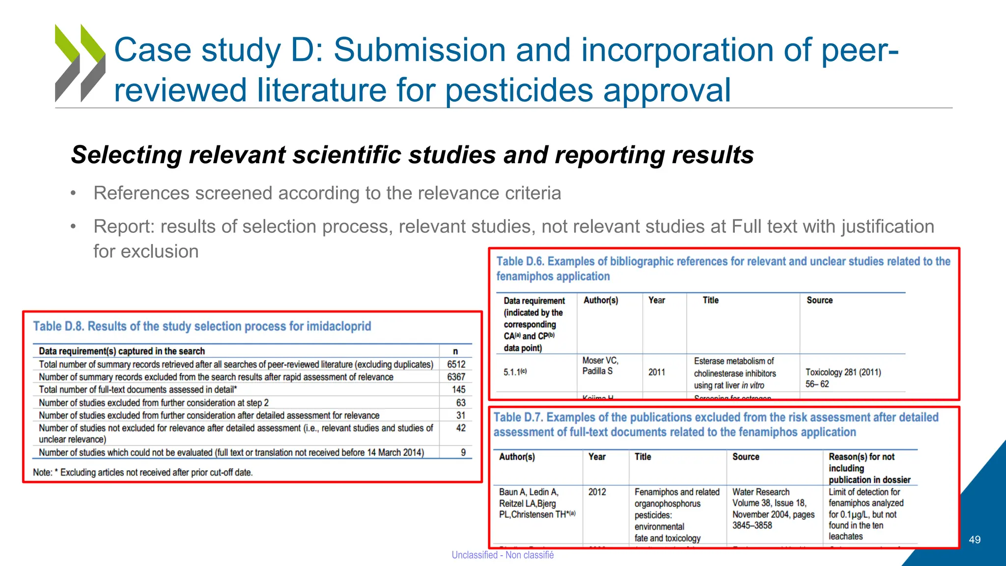 49
Selecting relevant scientific studies and reporting results
• References screened according to the relevance criteria
• Report: results of selection process, relevant studies, not relevant studies at Full text with justification
for exclusion
Case study D: Submission and incorporation of peer-
reviewed literature for pesticides approval
 