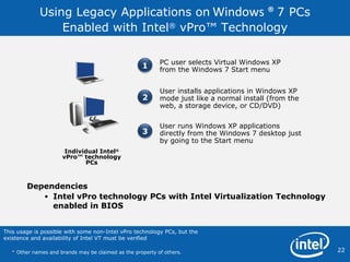 Using Legacy Applications on   Windows ®   7   PCs Enabled with Intel ®  vPro™ Technology Individual Intel ®  vPro™ technology PCs User runs Windows XP applications directly from the Windows 7 desktop just by going to the Start menu PC user selects Virtual Windows XP from the Windows 7 Start menu User installs applications in Windows XP mode just like a normal install (from the web, a storage device, or CD/DVD) Dependencies Intel vPro technology PCs with Intel Virtualization Technology  enabled in BIOS This usage is possible with some non-Intel vPro technology PCs, but the existence and availability of Intel VT must be verified *  Other names and brands may be claimed as the property of others.  2 1 3 