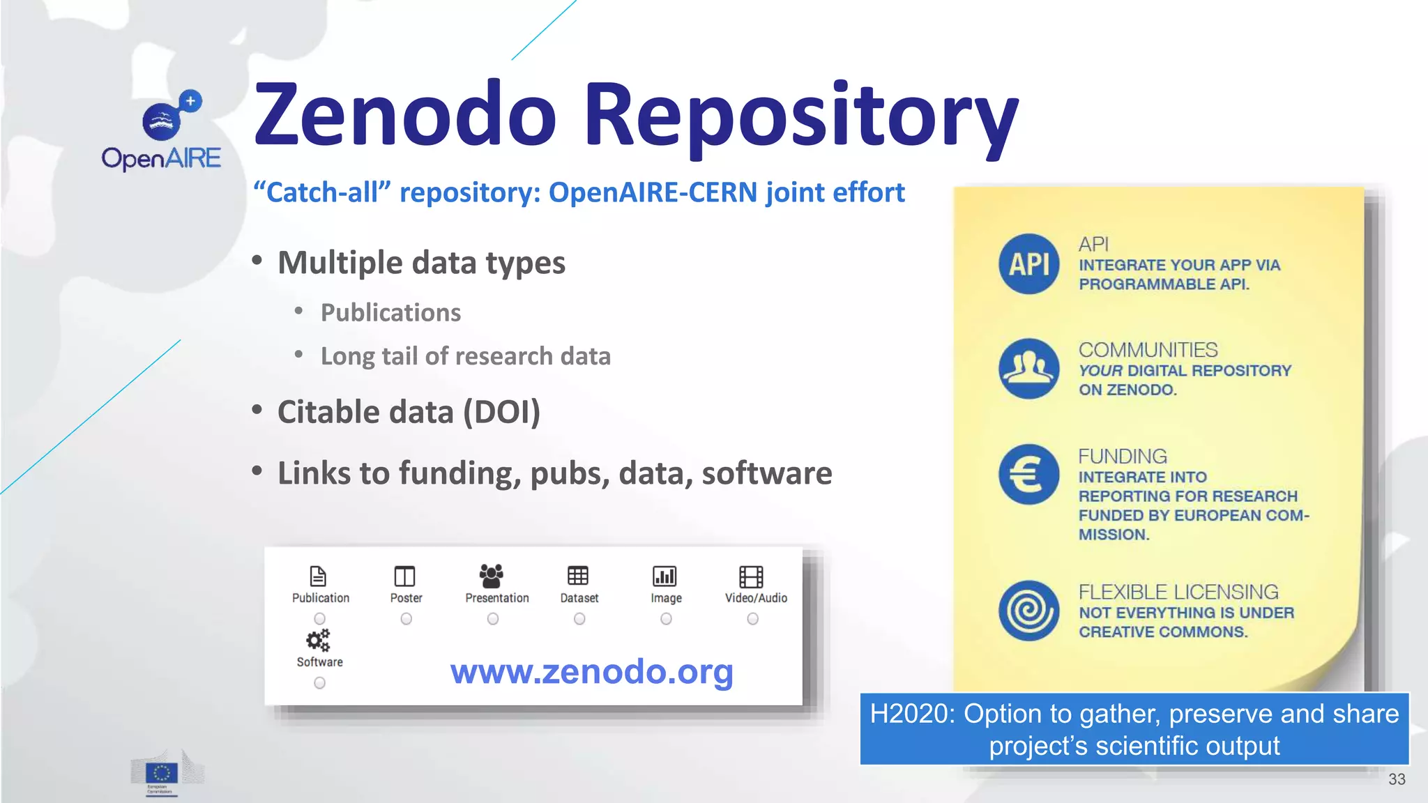 Zenodo Repository
• Multiple data types
• Publications
• Long tail of research data
• Citable data (DOI)
• Links to funding, pubs, data, software
“Catch-all” repository: OpenAIRE-CERN joint effort
33
www.zenodo.org
H2020: Option to gather, preserve and share
project’s scientific output
 