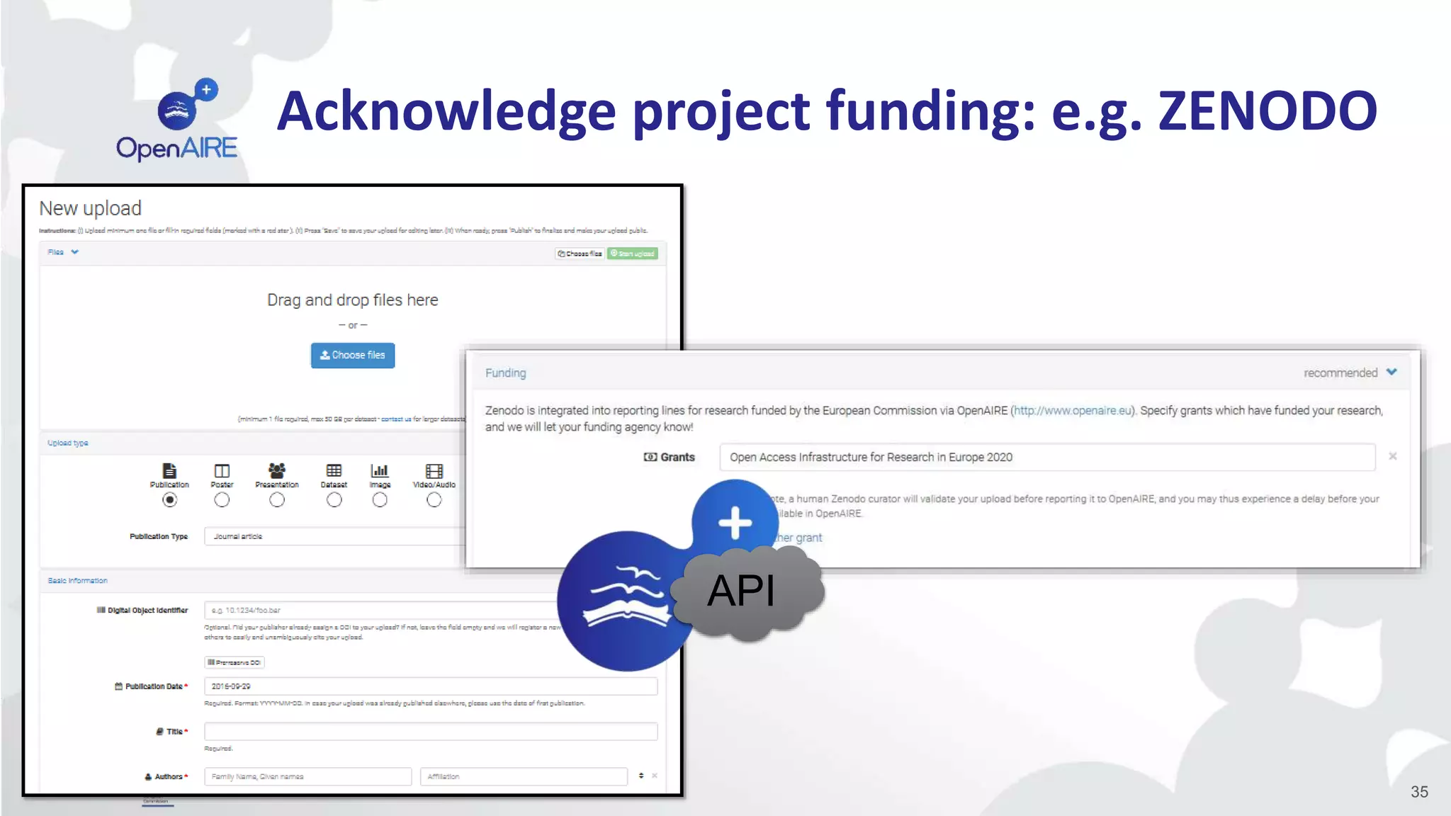 Acknowledge project funding: e.g. ZENODO
35
API
 