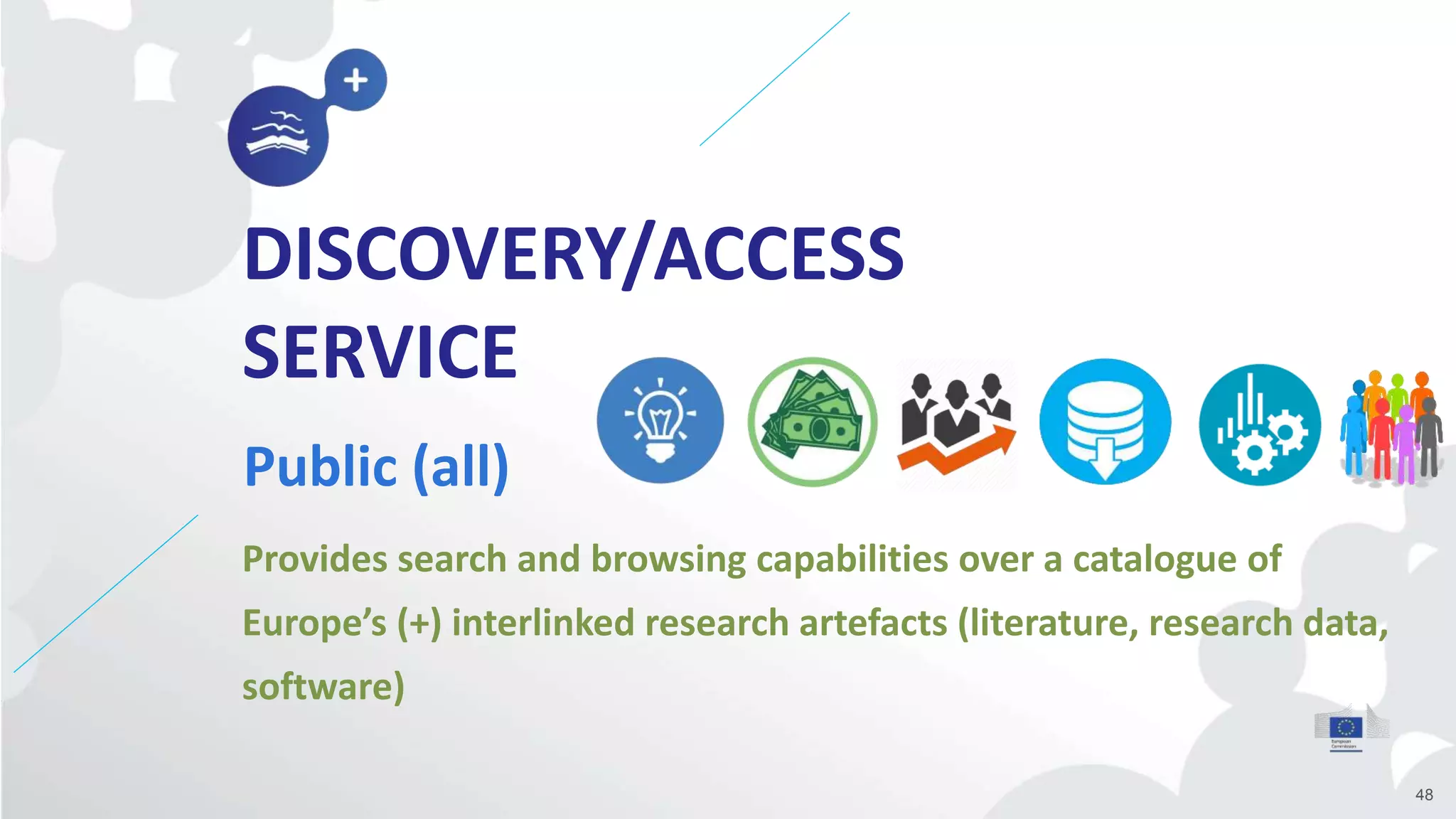 DISCOVERY/ACCESS
SERVICE
Public (all)
48
Provides search and browsing capabilities over a catalogue of
Europe’s (+) interlinked research artefacts (literature, research data,
software)
 