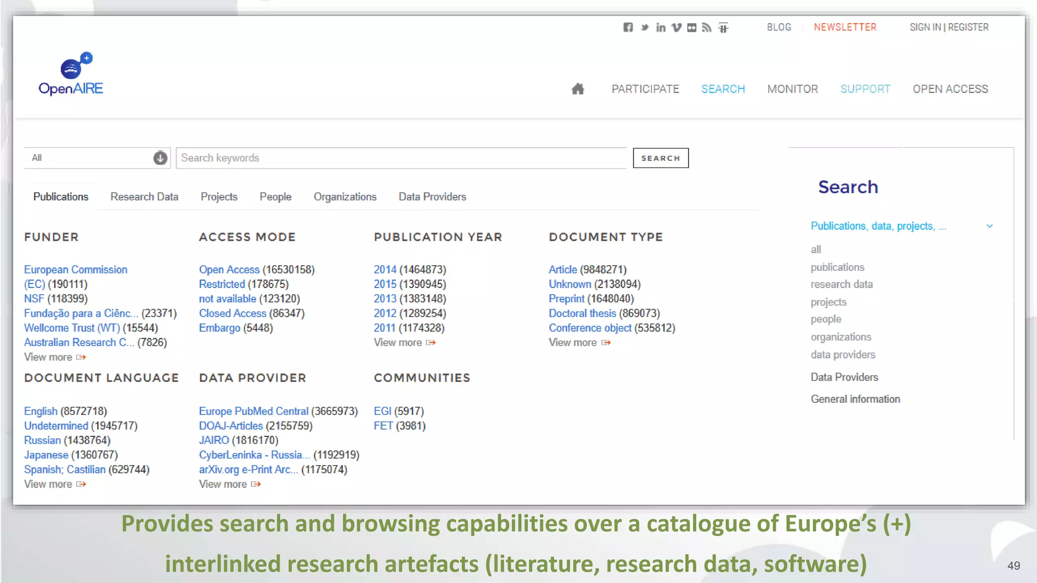 49
Provides search and browsing capabilities over a catalogue of Europe’s (+)
interlinked research artefacts (literature, research data, software)
 