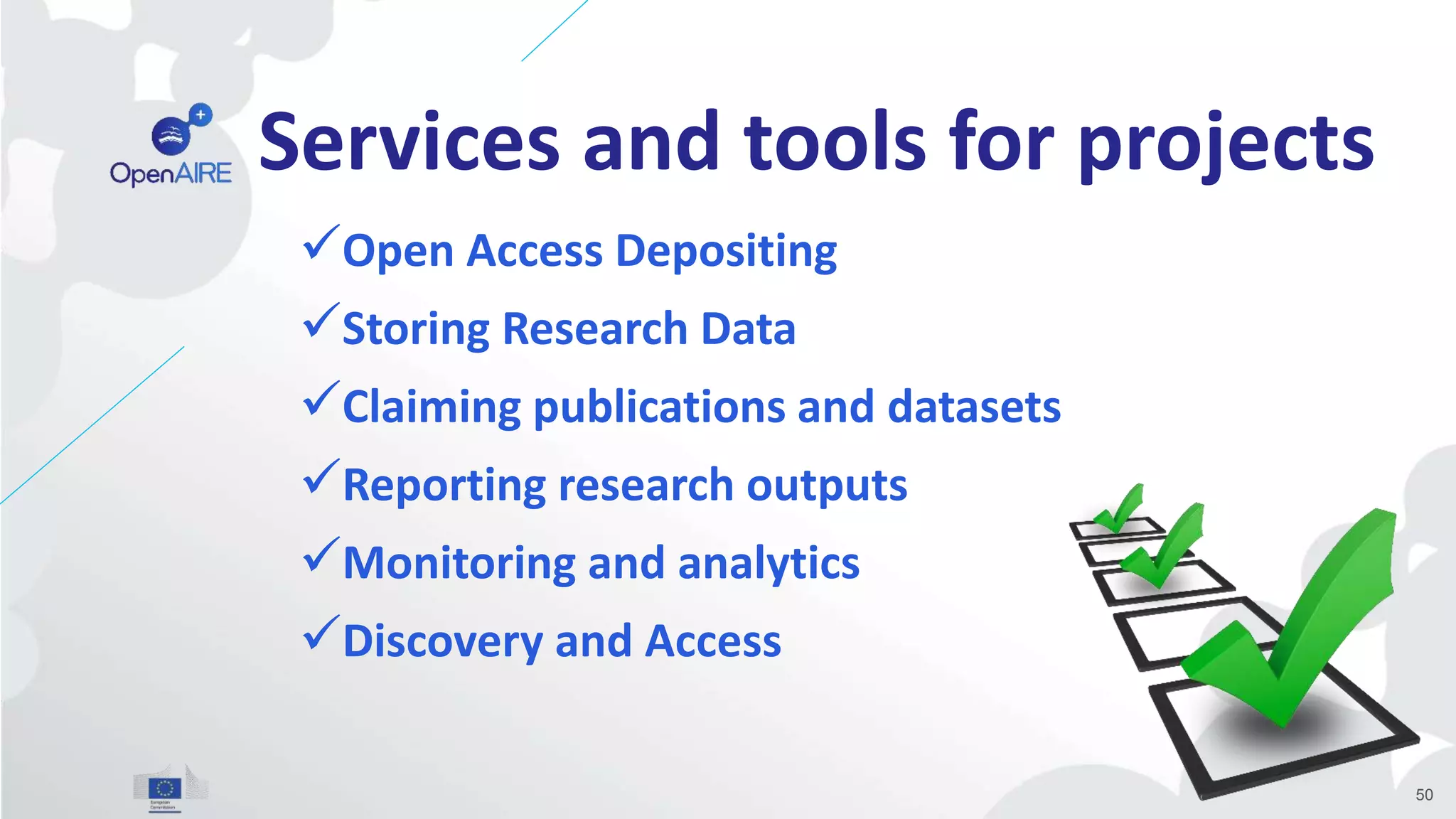 Services and tools for projects
Open Access Depositing
Storing Research Data
Claiming publications and datasets
Reporting research outputs
Monitoring and analytics
Discovery and Access
50
 