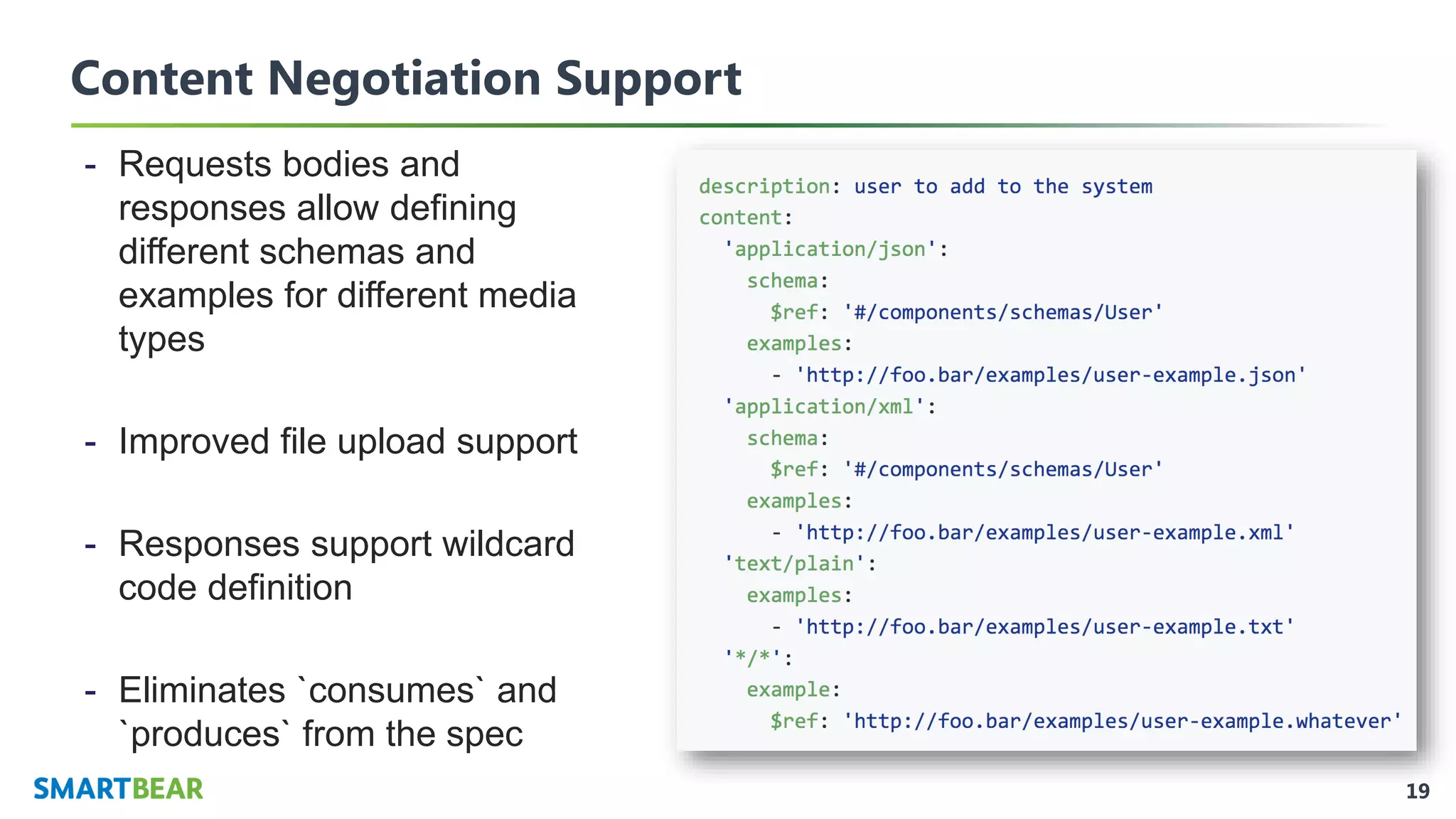 19
Content Negotiation Support
- Requests bodies and
responses allow defining
different schemas and
examples for different media
types
- Improved file upload support
- Responses support wildcard
code definition
- Eliminates `consumes` and
`produces` from the spec
 