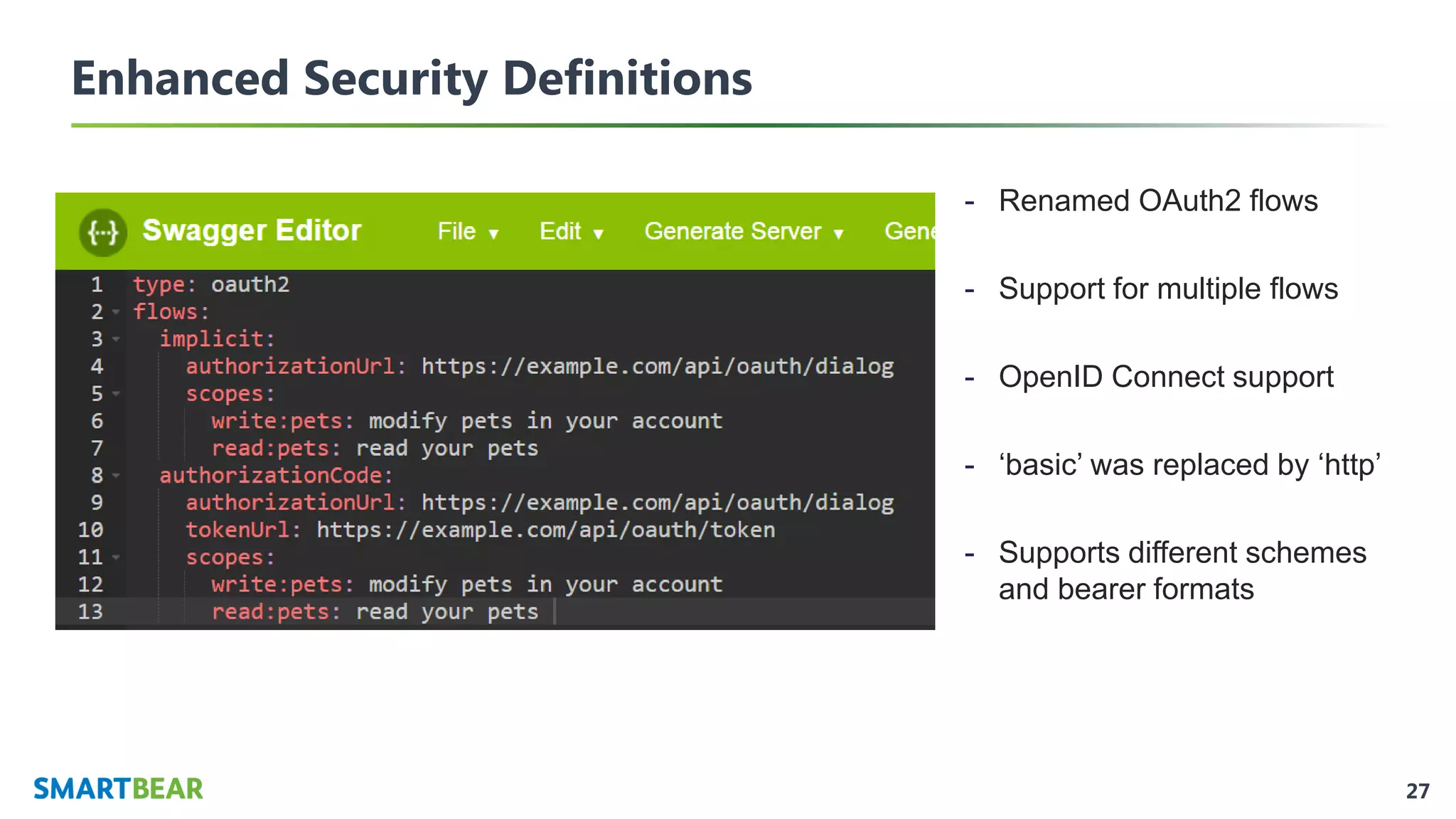 27
Enhanced Security Definitions
- Renamed OAuth2 flows
- Support for multiple flows
- OpenID Connect support
- ‘basic’ was replaced by ‘http’
- Supports different schemes
and bearer formats
 