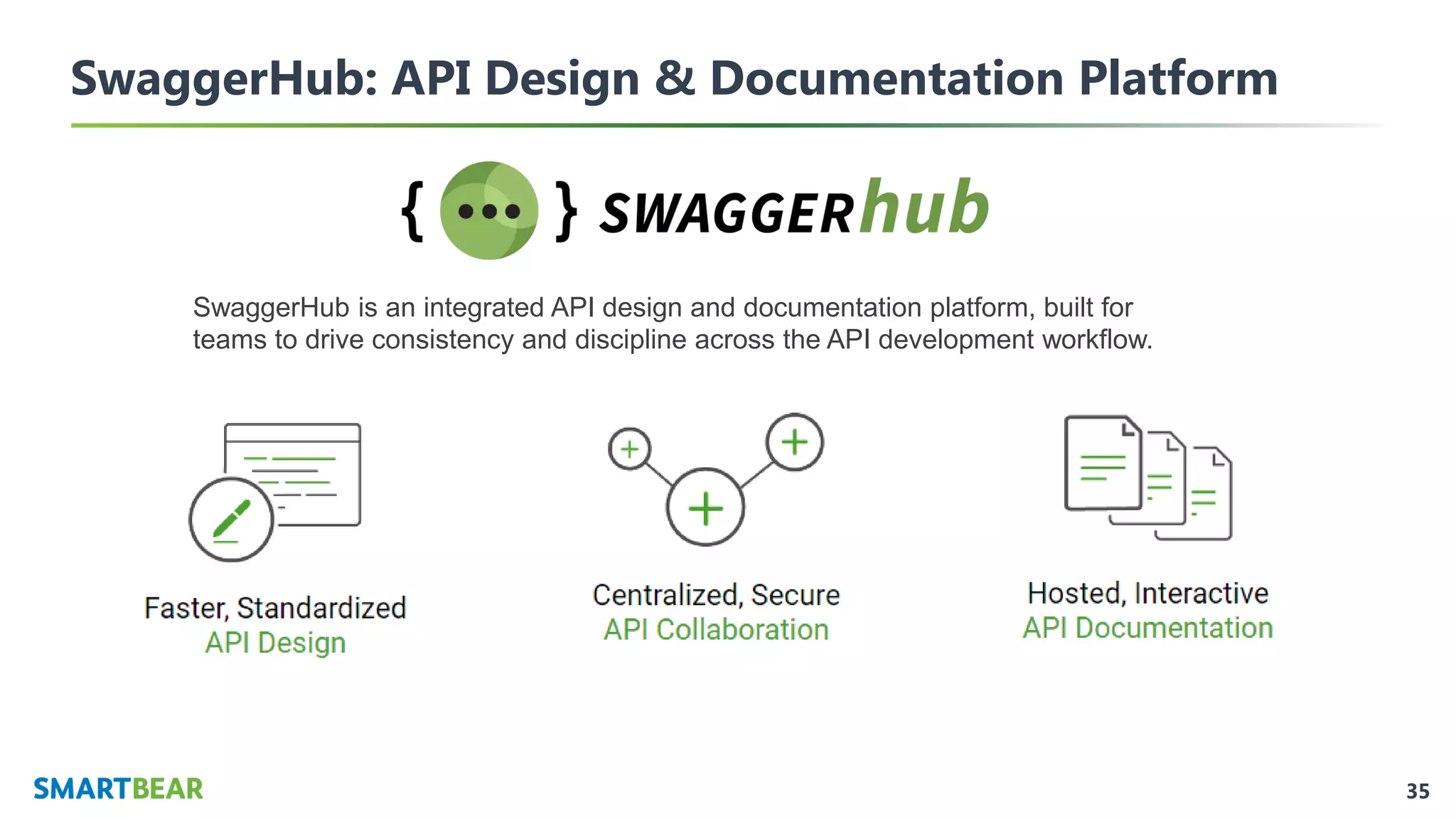 35
SwaggerHub: API Design & Documentation Platform
SwaggerHub is an integrated API design and documentation platform, built for
teams to drive consistency and discipline across the API development workflow.
 