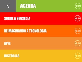 AGENDA
SOBRE A SENSEDIA
REIMAGINANDO A TECNOLOGIA
APIs
HISTÓRIAS
AGENDA√
 
