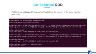 Co-located RDD
Partitions are co-located if they are both loaded into the memory of the same machine
(executor).
 