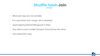 Shuffle hash Join
- When join keys are not sortable.
- It is used when Sort-merge Join is disabled.
- spark.sql.join.preferSortMergeJoin is false.
- One side is much smaller (at least 3 times) than the other.
- Can build hash map.
 