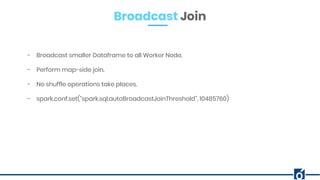 Broadcast Join
- Broadcast smaller Dataframe to all Worker Node.
- Perform map-side join.
- No shuffle operations take places.
- spark.conf.set(“spark.sql.autoBroadcastJoinThreshold”, 10485760)
 
