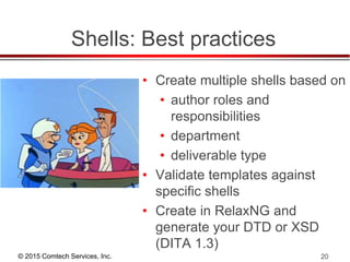 © 2015 Comtech Services, Inc. 20
Shells: Best practices
• Create multiple shells based on
• author roles and
responsibilities
• department
• deliverable type
• Validate templates against
specific shells
• Create in RelaxNG and
generate your DTD or XSD
(DITA 1.3)
 