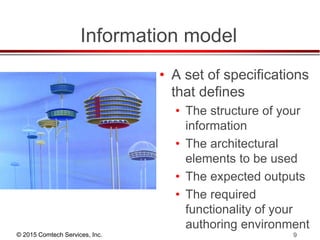 © 2015 Comtech Services, Inc. 9
Information model
• A set of specifications
that defines
• The structure of your
information
• The architectural
elements to be used
• The expected outputs
• The required
functionality of your
authoring environment
 
