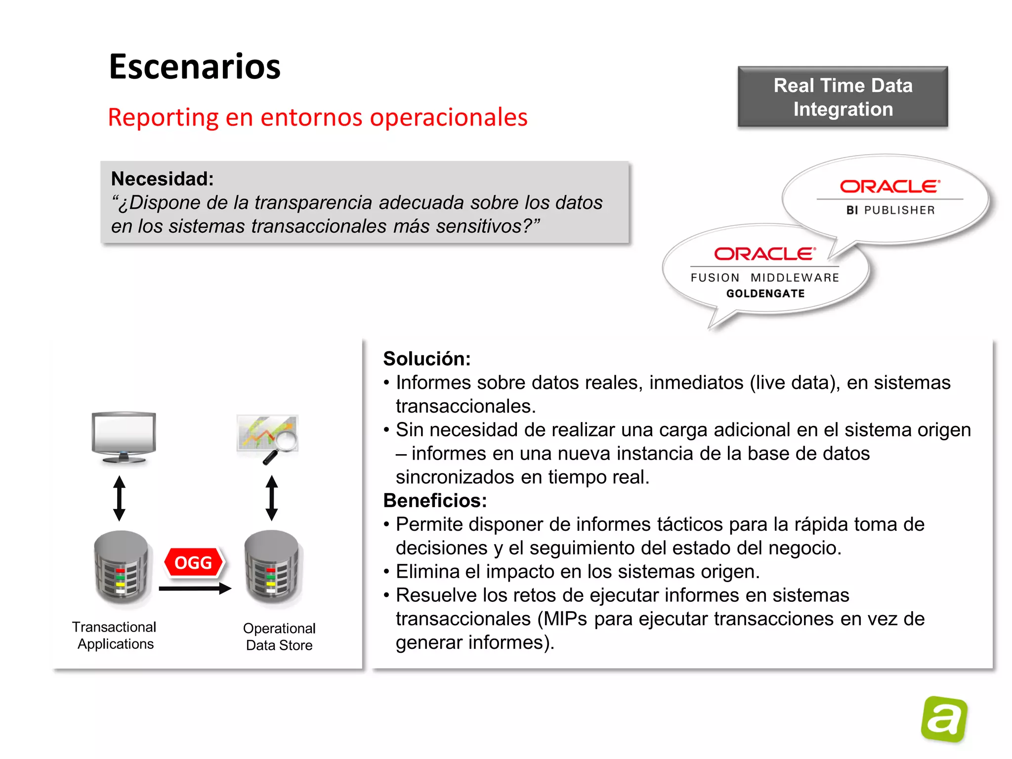 Escenarios                                                                  Real Time Data
                                                                                   Integration
     Reporting en entornos operacionales

     Necesidad:
     “¿Dispone de la transparencia adecuada sobre los datos
     en los sistemas transaccionales más sensitivos?”




                                    Solución:
                                    • Informes sobre datos reales, inmediatos (live data), en sistemas
                                      transaccionales.
                                    • Sin necesidad de realizar una carga adicional en el sistema origen
                                      – informes en una nueva instancia de la base de datos
                                      sincronizados en tiempo real.
                                    Beneficios:
                                    • Permite disponer de informes tácticos para la rápida toma de
                                      decisiones y el seguimiento del estado del negocio.
                OGG                 • Elimina el impacto en los sistemas origen.
                                    • Resuelve los retos de ejecutar informes en sistemas
Transactional         Operational
                                      transaccionales (MIPs para ejecutar transacciones en vez de
 Applications         Data Store      generar informes).
 